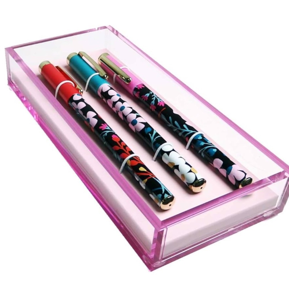 Kate Spade Fall floral fine tip black pen set with acrylic tray - New!